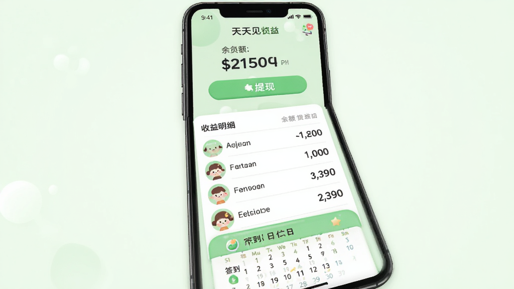 手机界面展示“天天见”的收益钱包页面,上方显示余额数字与提现按钮,中部为收益明细列表,底部有签到日历,背景为浅绿色清爽风格,图标圆润可爱,排版整齐,画质高清,无多余装饰