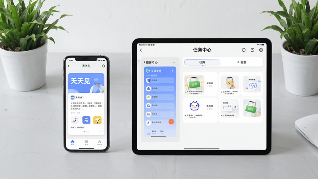 手机与平板并排展示“天天见”应用在不同设备上的答题界面,左侧手机显示题目卡片,右侧平板显示任务中心,背景为浅灰桌面与绿植点缀,风格简洁现代,构图均衡,画质清晰,干净利落
