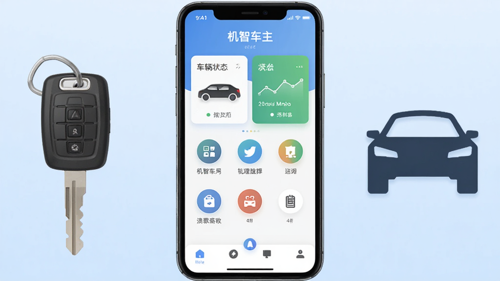 画面中央展示一部智能手机,手机屏幕上显示“机智车主”应用主界面,界面包含车辆状态卡片、功能图标与底部导航栏;手机两侧分别放置一把车钥匙和一个汽车轮廓图标,背景为浅蓝色渐变,整体采用扁平化UI风格,细节清晰,画质干净,无多余元素,适合软件下载站展示