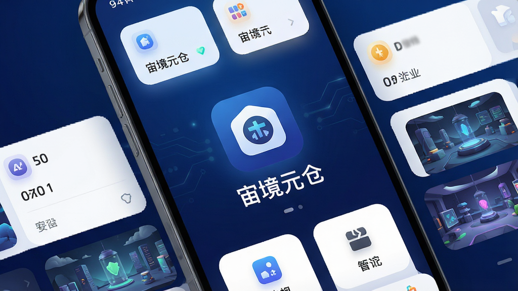 一张手机屏幕展示宙境元仓应用主界面的效果图,画面中央是应用图标与名称“宙境元仓”,背景为深蓝色科技感渐变,周围环绕着数字资产卡片与虚拟场景缩略图,布局简洁明了,风格偏向现代科技与轻量化设计,细节包括圆角卡片、柔和光效与清晰的功能入口图标,画质高清,画面干净,无多余元素