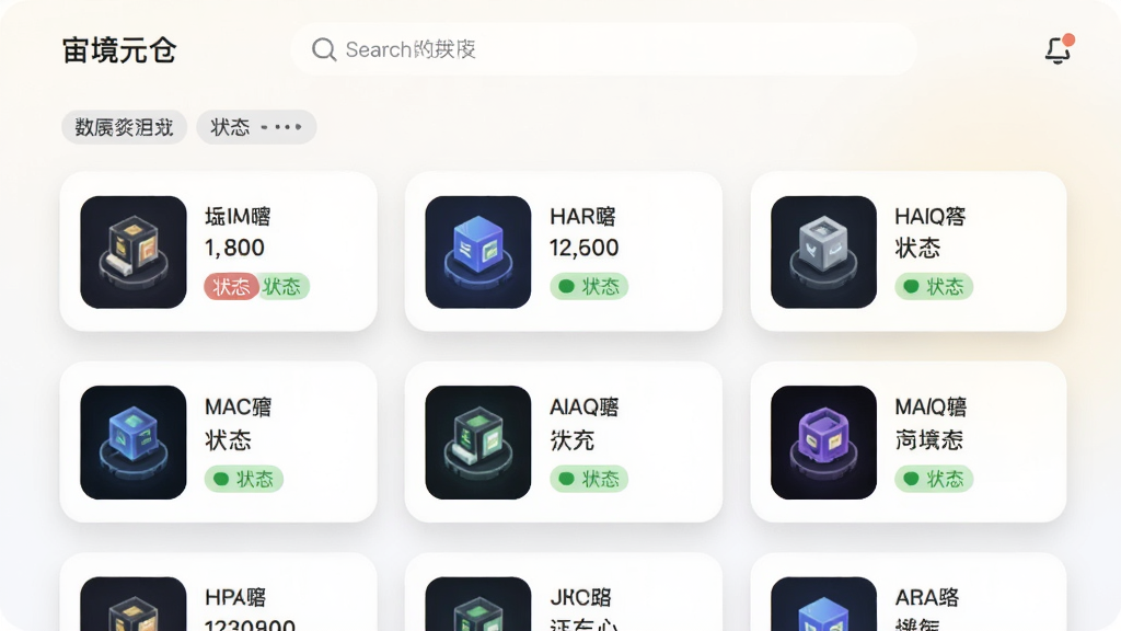 一张宙境元仓应用内数字资产列表界面的效果图,画面展示多个圆角卡片排列,每张卡片包含资产缩略图、名称与状态标签,背景为浅色渐变,风格清新简约,细节包括卡片阴影、分类标签与顶部搜索栏,画质清晰,画面干净,无多余元素