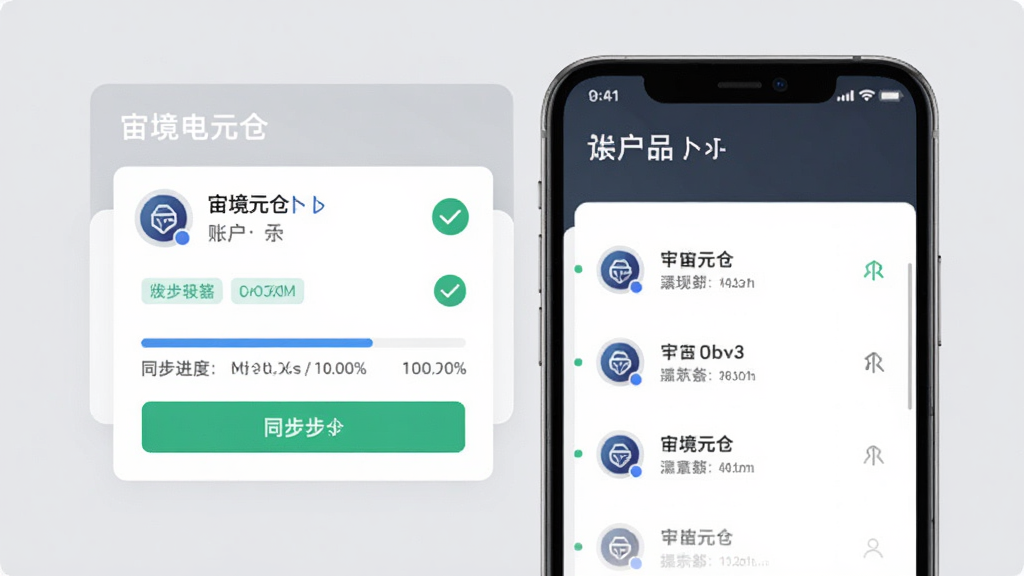 宙境元仓账户同步界面效果图,画面展示手机屏幕中账户信息卡片与同步进度条,配有勾选状态图标与设备列表,背景为浅灰色调,风格商务简约,细节包括状态标签、同步按钮与提示文字,画质清晰,画面干净,无多余元素