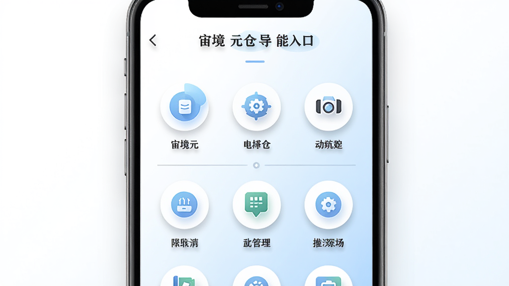 宙境元仓功能入口导航界面效果图,画面为手机屏幕展示多个圆形功能图标排列成网格状,每个图标下方配有简短文字标签,背景为白色与浅蓝渐变,风格清爽明快,细节包括图标阴影、分类分割线与顶部标题栏,画质高清,画面干净,无多余元素