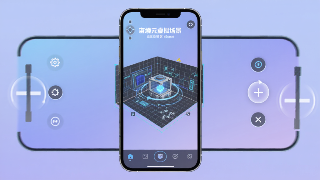 宙境元仓虚拟场景预览功能展示图,画面为手机屏幕中呈现一个三维虚拟空间缩略模型,带有旋转与缩放控制按钮,背景为柔和蓝紫色调,风格科技感与简洁并存,细节包括场景网格线、功能图标与底部导航栏,画质高清,画面干净,无多余元素