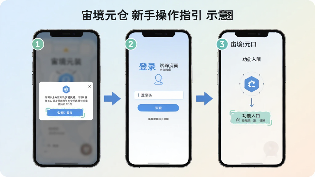 宙境元仓新手操作指引示意图,画面为手机屏幕展示分步操作流程,包含安装提示弹窗、登录界面与功能入口标注,背景为浅色柔和渐变,风格教程图解式,细节包括步骤序号、箭头指引与高亮标注框,画质清晰,画面干净,无多余元素