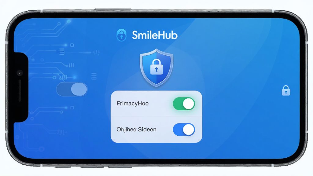 SmileHub ��˽��ȫ���ý��棬����Ϊ�ֻ���Ļ��ʾ��˽Ȩ�޿��غͷ�������ͼ�꣬���־��У��Ű��࣬���Ϊ�Ƽ���ȫ�磬ϸ�ڰ�������ͼ�ꡢ���ذ�ť����ɫ�����������ʸ��壬�ɾ����޶���Ԫ��