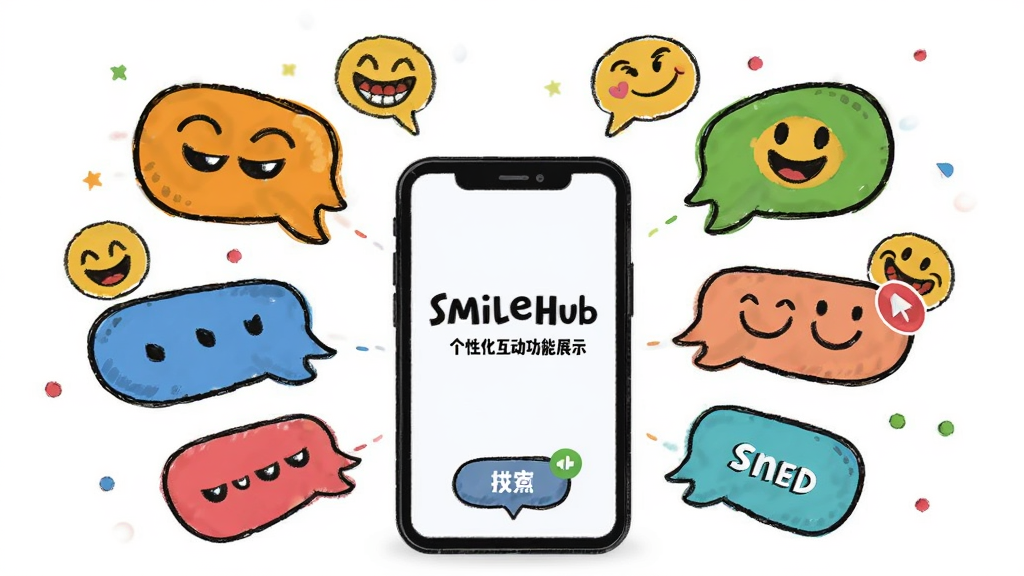 SmileHub ���Ի���������չʾ������Ϊ����������������ݺͱ�����ֽΧ���ֻ���Ļ�����ֳʷ���״���У��Ű���ã����Ϊ��ͨ�ֻ�磬ϸ�ڰ�����ɫ���ݡ�Ц������ͻ�����ť�����ʸ��壬�ɾ����޶���Ԫ��