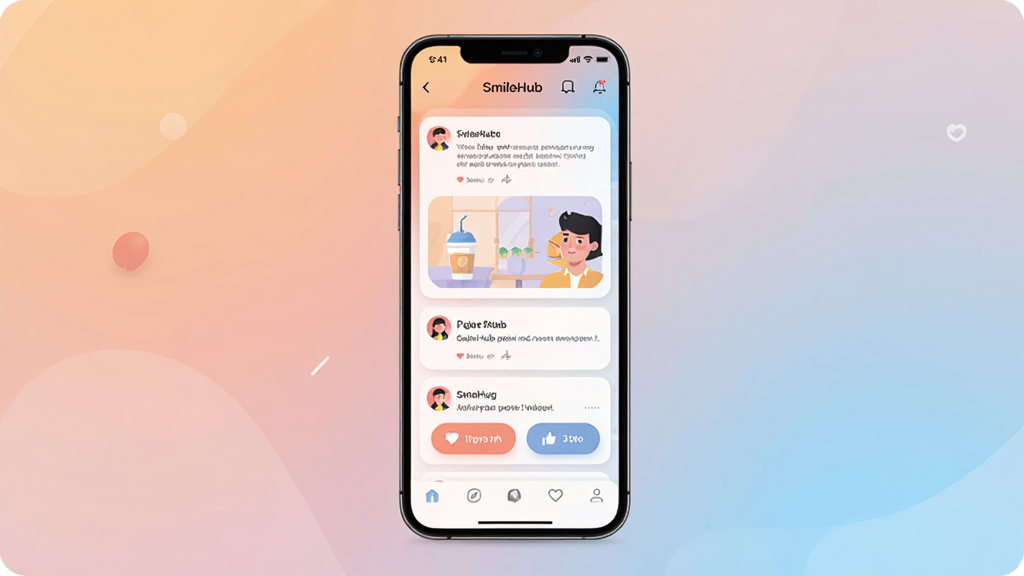 SmileHub Ӧ���������չʾ������Ϊһ�������ֻ���Ļ����Ļ�ϳ��� SmileHub �����棬�����ײ�����������̬��Ϣ���ͻ�����ť�����־��жԳƣ��Ű����������Ϊ�ִ���ƽ���廭�磬ϸ�ڰ�����͵Ľ��䱳����Բ�ǿ�Ƭ�ͼ��ͼ�꣬���ʸ��壬�ɾ����޶���Ԫ��