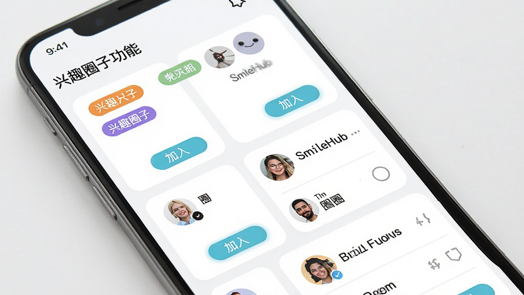 SmileHub ��ȤȦ�ӹ��ܽ��棬����Ϊ�ֻ���Ļ��ʾ�����Ȥ��ǩ��Ƭ��Ȧ���б�������Ϊ����״���У��Ű����룬���Ϊ���¼�Լ�磬ϸ�ڰ�����ͬ��ɫ�ı�ǩ��Ȧ��ͷ��ͼ��밴ť�����ʸ��壬�ɾ����޶���Ԫ��
