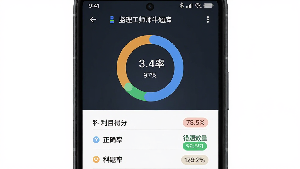 手机屏幕展示模拟考试成绩分析页面,主体为安卓手机,布局居中,排版上方为分数环形图下方为科目得分列表,风格为数据可视化清爽风格,细节包含