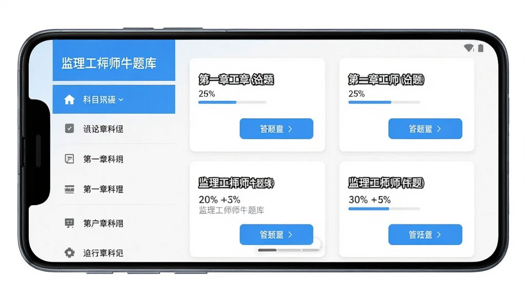 安卓手机界面展示章节列表,主体为手机屏幕,布局为上下结构,排版左侧科目导航右侧题目卡片,风格为教育类应用浅色主题,细节包含