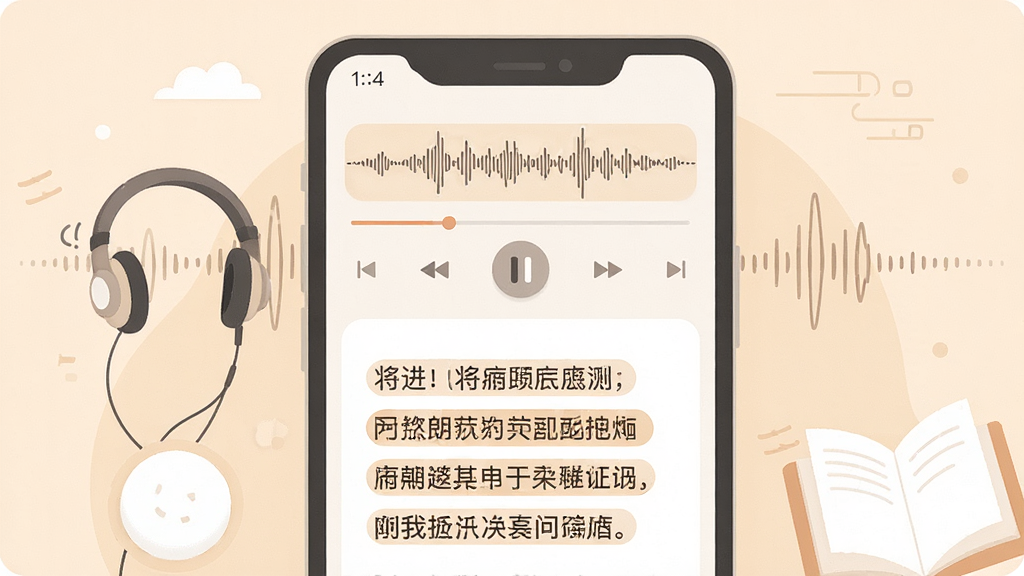 一张表现“将进酒”软件音频朗读功能的插画,画面主体为手机界面中显示播放波形与诗词文字同步高亮,布局为上方音频播放条、下方诗词正文,风格为柔和扁平风,细节包含耳机、声波、书页元素,背景为浅米色,画质高清,画面干净,无多余元素