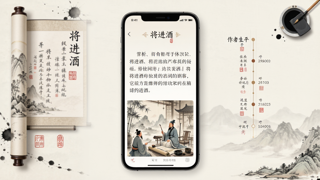 一张以“将进酒”诗词赏析页面为主题的展示图,画面主体为手机屏幕中呈现赏析文章与古风插画配图,布局为上文下图、侧边标注作者生平时间轴,风格为典雅国风插画,细节包含卷轴、印章、墨迹、山水小景,画质细腻,画面干净,无多余元素