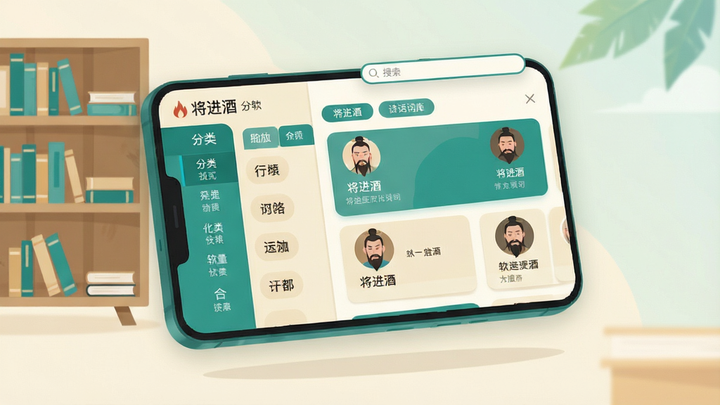 一张展示“将进酒”软件诗词库界面的场景图,画面主体为悬浮的手机屏幕,屏幕上呈现分门别类的诗词列表与作者头像卡片,布局为左侧分类导航、右侧内容卡片,风格为现代扁平化插画,细节包含书架元素、标签页、搜索框,色彩以米白与青绿为主,画质清晰,画面干净,无多余元素