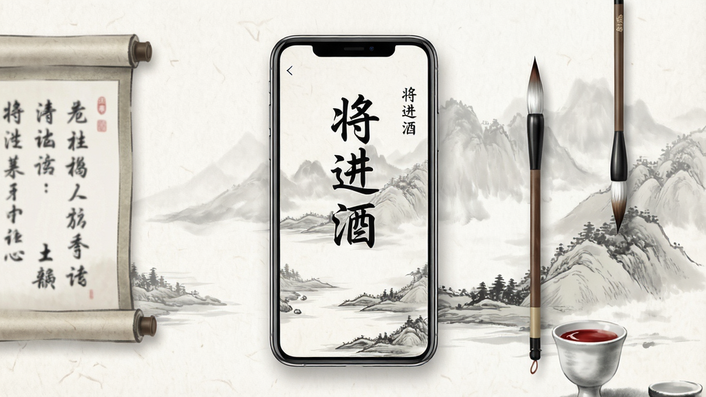 一张以中国古典水墨风格为主的手机应用展示图,画面中央是一部竖屏手机,手机屏幕上显示古风诗词阅读界面,标题为“将进酒”,背景为淡墨山水与飘逸书法字,主体居中布局,手机两侧点缀卷轴、毛笔与酒杯元素,整体排版简洁大气,风格为清新古风插画,细节包含水墨晕染、宣纸纹理、柔和光影,画质高清,画面干净,无多余元素