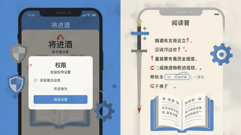 一张以“将进酒”软件新手使用场景为主题的插画,画面主体为手机屏幕显示安装权限设置与阅读界面,布局为左右分栏、左侧权限弹窗右侧诗词页面,风格为扁平化科技插画,细节包含盾牌图标、齿轮设置、书页元素,色彩以蓝灰与米白为主,画质清晰,画面干净,无多余元素