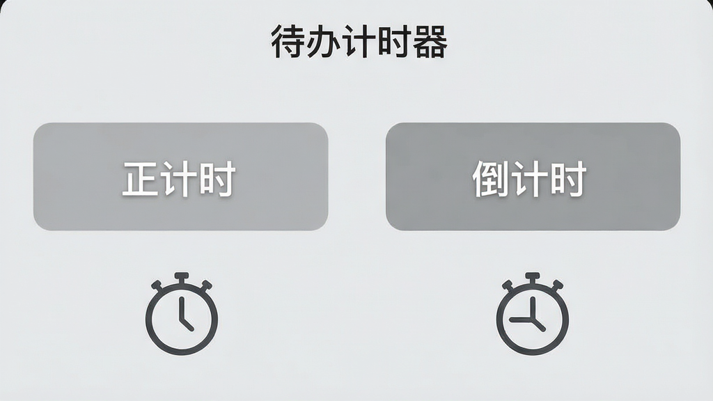 手机屏幕展示待办计时器的计时模式选择界面,画面分为左右两个大按钮,左侧标注“正计时”右侧标注“倒计时”,按钮下方有简洁的图标示意,背景为浅灰色,风格为极简扁平设计,细节包括顶部软件名称“待办计时器”,画质干净清晰,排版对称,无多余装饰