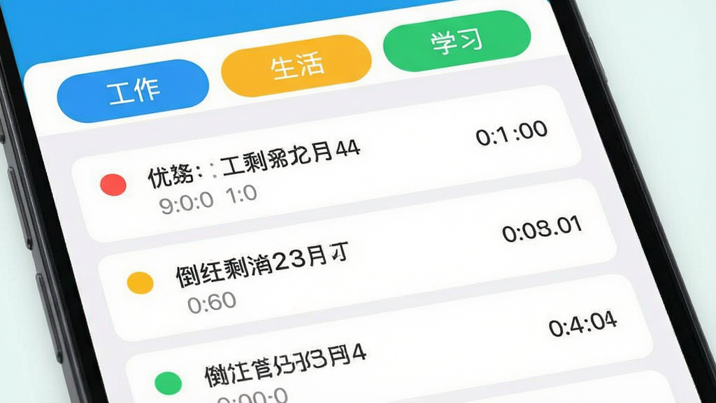 手机界面展示待办计时器的任务分类页面,顶部有“工作”“生活”“学习”三个彩色标签页,下方任务列表按优先级用红黄绿三色圆点标注,每条任务带有倒计时剩余时间,界面风格为清新浅色系卡片布局,画质清晰,文字排版整齐,无多余元素