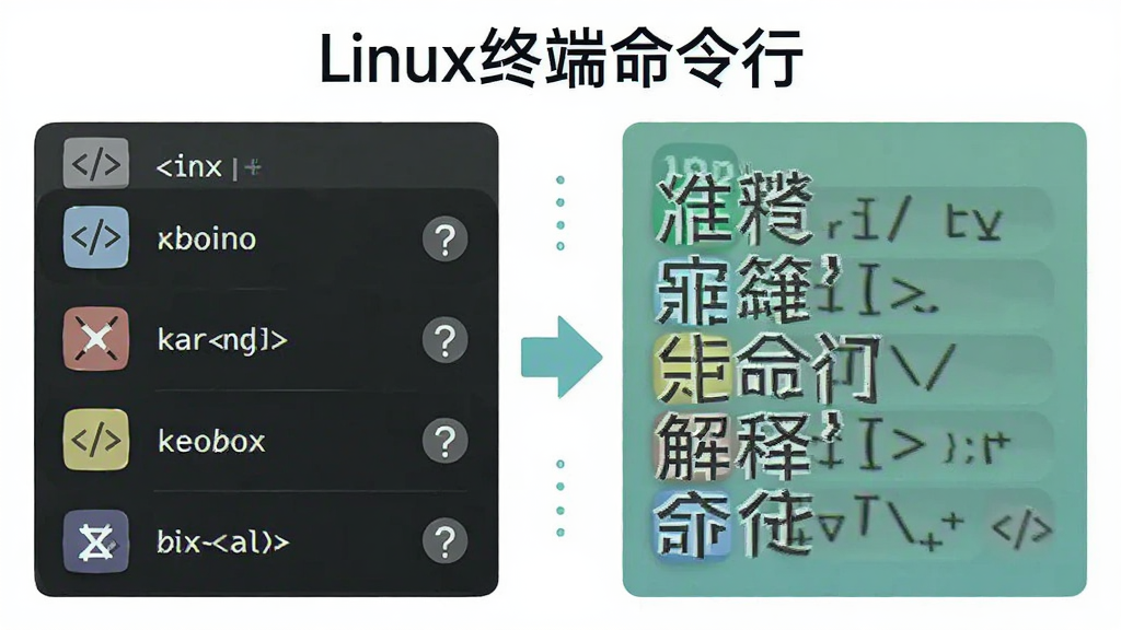手机界面左侧为命令列表,右侧为中文解释面板,中间用箭头连接,布局左右分栏,风格为清新浅色信息图,细节包括命令图标和问号提示符号,画质清晰,干净无多余元素,图片中打文字