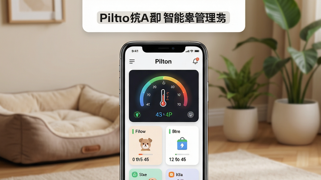 画面主体是一部智能手机,屏幕上显示“Pilton”宠物智能舱管理界面,包含温湿度仪表盘和宠物舱状态卡片;布局为手机居中,背景是温馨的客厅一角,有宠物窝和绿植;排版简洁,上方留白放置标题区域;风格为现代科技感与居家温暖结合;细节上手机边框清晰,界面图标精致,光线柔和;画质高清,干净,无多余元素