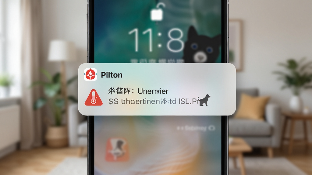 画面主体是一部手机锁屏界面弹出“Pilton”异常提醒通知,通知卡片上有温度警告图标和宠物剪影;布局为手机居中,背景是模糊的家居环境;排版突出通知卡片;风格现代简洁;细节上通知卡片有轻微阴影,图标醒目;画质高清,干净,无多余元素