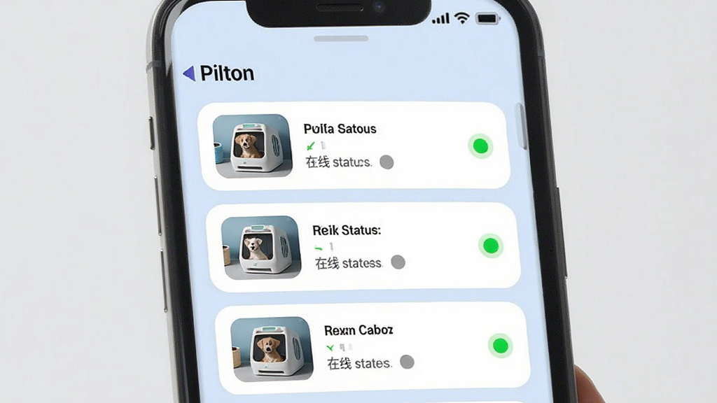 画面主体是手机界面展示“Pilton”多设备管理列表,有三台宠物智能舱的缩略卡片和在线状态标识;布局为手机竖屏居中,背景是淡蓝色纯色;排版列表清晰,卡片间距均匀;风格简约商务;细节上状态圆点有绿灰区分,卡片圆角柔和;画质高清,干净,无多余元素