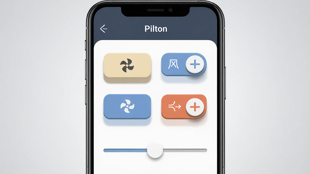 画面主体是手机屏幕显示“Pilton”设备控制面板,有照明、风扇、加热的开关按钮和滑块;布局为手机正面特写,背景是浅灰色渐变;排版居中,按钮排列整齐;风格扁平化科技风;细节上按钮有轻微立体感,图标简洁;画质高清,干净,无多余元素