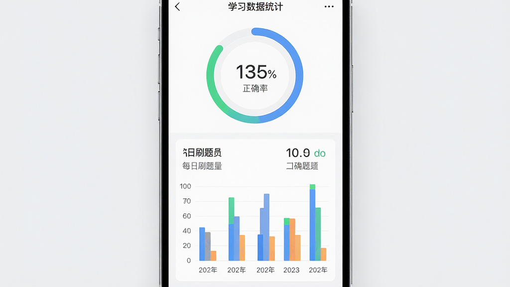 画面主体为手机应用学习数据统计页面,布局为竖屏手机界面,排版为顶部环形进度图加下方柱状图组合,风格为简洁数据可视化设计,细节包含正确率百分比、每日刷题量数字与日期标签,画质高清,背景干净浅灰,无多余元素