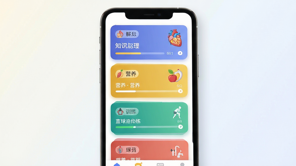 画面主体为知识模块化结构示意图,布局为手机屏幕内呈现多个彩色知识卡片纵向排列,排版为卡片式层叠布局,风格为现代教育类APP界面,细节包含解剖、营养、训练等标签文字与进度条,画质清晰干净,背景为浅色渐变,无多余装饰元素