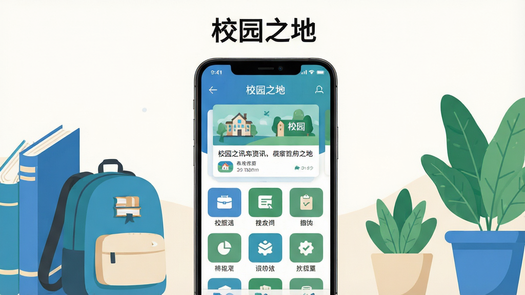 主体为一部竖屏安卓手机,屏幕中央展示“校园之地”应用主界面,界面包含校园资讯卡片与功能图标网格;布局采用居中构图,手机两侧点缀书本、背包与绿植元素;排版简洁明快,上方留白放置应用名称“校园之地”;风格为清爽扁平化插画,配色以蓝绿与米白为主;细节上屏幕内图标清晰、卡片层次分明;画质高清,画面干净,无多余元素
