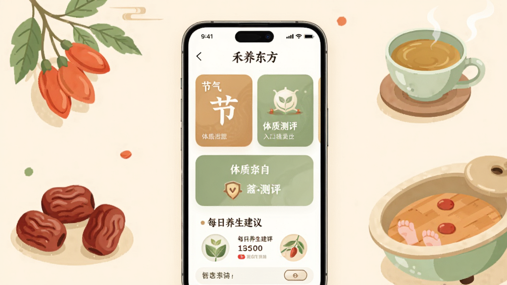 画面中央放置一部竖屏智能手机,手机屏幕上显示“禾养东方”应用的主界面,界面包含节气卡片、体质测评入口和每日养生建议模块,手机周围以扁平化插画风格环绕展示枸杞、红枣、茶杯、足浴盆等养生元素,整体采用暖米色与淡绿色搭配的清新中式风格,排版简洁留白充足,细节精致柔和,画质清晰干净,无多余装饰元素