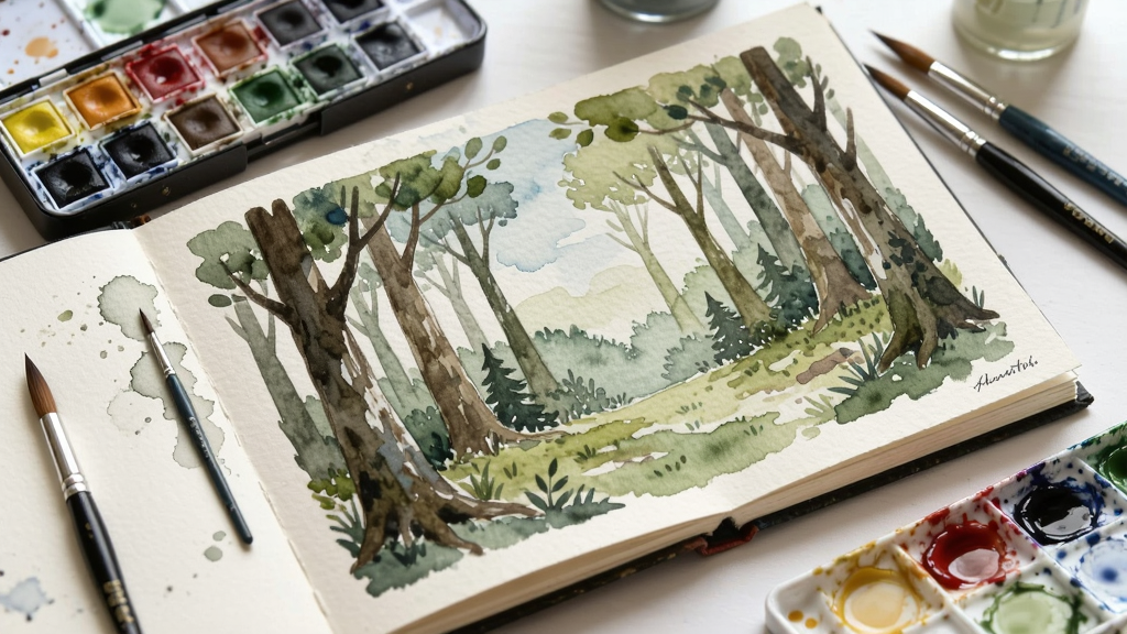 画面主体为一本摊开的手绘水彩画册,画册页面上绘制着森林场景,画册旁边摆放着水彩颜料盒、毛笔与调色盘,画册上的森林图案与周围真实环境产生虚实交融的效果。布局上画册位于画面中央偏下,颜料盒在左上角,调色盘在右下角。排版上采用俯视视角,画册占据画面主要面积。风格为清新手绘插画风,色彩以草绿、天蓝、米白为主,细节包含纸张纹理、颜料湿润感、笔触痕迹,画质细腻干净,画面无多余装饰元素。