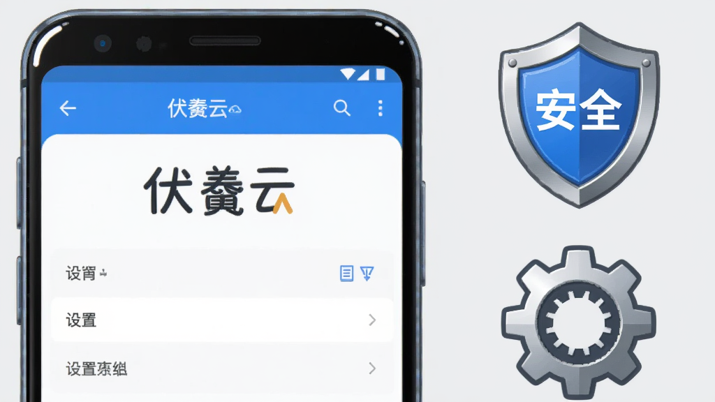 画面主体为一部安卓手机屏幕显示“伏羲云”应用设置界面,旁边有一个卡通风格的盾牌图标和齿轮图标,盾牌上写“安全”二字;布局为手机居左,图标居右上下排列;排版简洁,背景为浅灰色;风格为扁平化科技插画,细节包含手机边框高光、盾牌金属质感、齿轮齿纹清晰;画质干净明亮,无多余元素,整体色调为蓝白灰