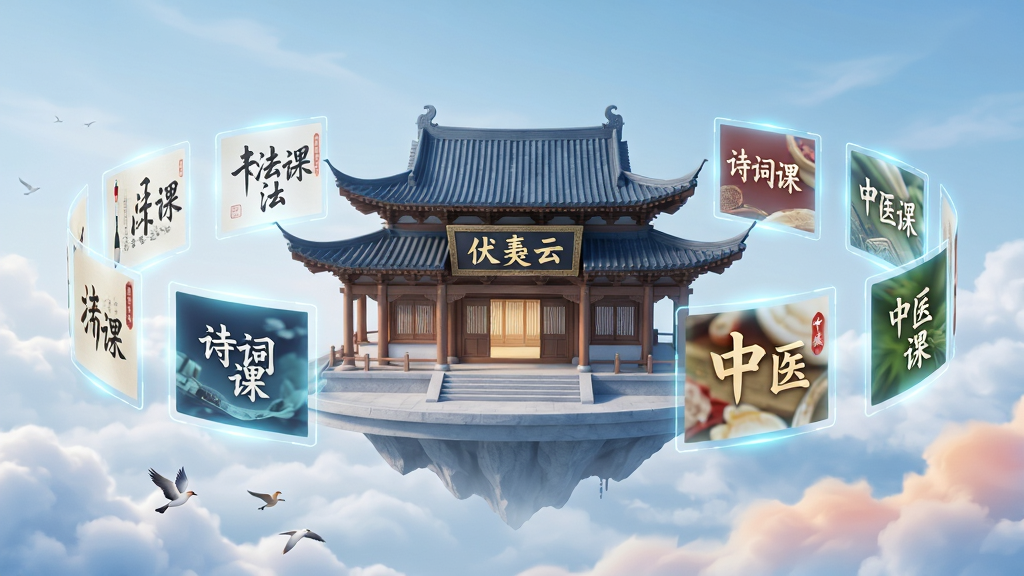 画面主体为一座悬浮在云端的数字书院建筑,书院四周有多个半透明屏幕展示不同的课程封面,如书法课、诗词课、中医课;布局为建筑居中,屏幕环绕呈弧形排列;排版层次分明,前景为云朵与飞鸟,背景为淡蓝色天空;风格为科技国风结合,细节包含建筑飞檐、屏幕光晕、云层渐变;画质高清干净,无杂乱元素,画面中建筑匾额处写“伏羲云”字样