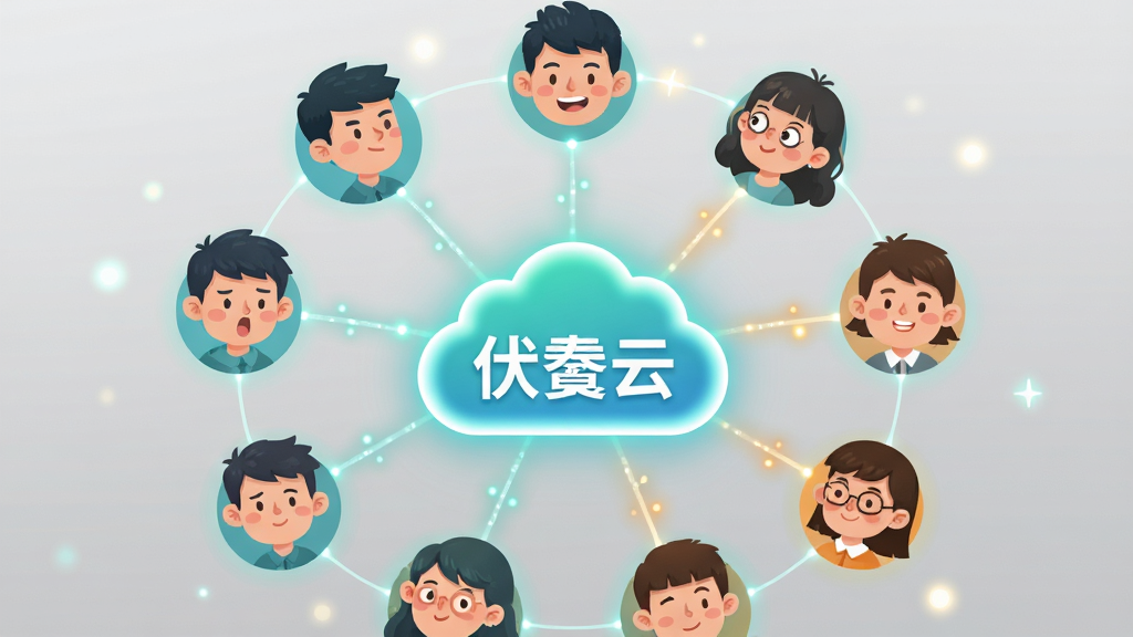 画面主体为多个卡通风格的人物头像通过光线连接成一个圆形网络,中心是一个发光的云朵图标,云朵中写“伏羲云”;布局为圆形放射状,人物分布在圆周;排版清爽,背景为浅灰色渐变;风格为扁平化插画风,细节包含人物表情各异、连接线有光点流动、云朵边缘柔和;画质干净明快,无多余元素,整体色调为蓝绿与暖橙搭配