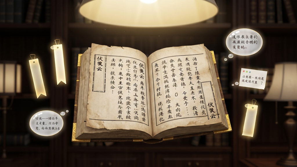 画面主体为一本悬浮打开的古籍,书页上文字清晰可见,书本两侧漂浮着发光的书签和笔记气泡,背景为深色木质书架与柔和灯光;布局以书本为视觉中心,左右对称;排版简洁,上方有淡金色光晕;风格为古典学术风,细节包含纸张纹理、书脊烫金、气泡中的小字注释;画质细腻干净,无多余装饰,书页边缘处印有“伏羲云”小字