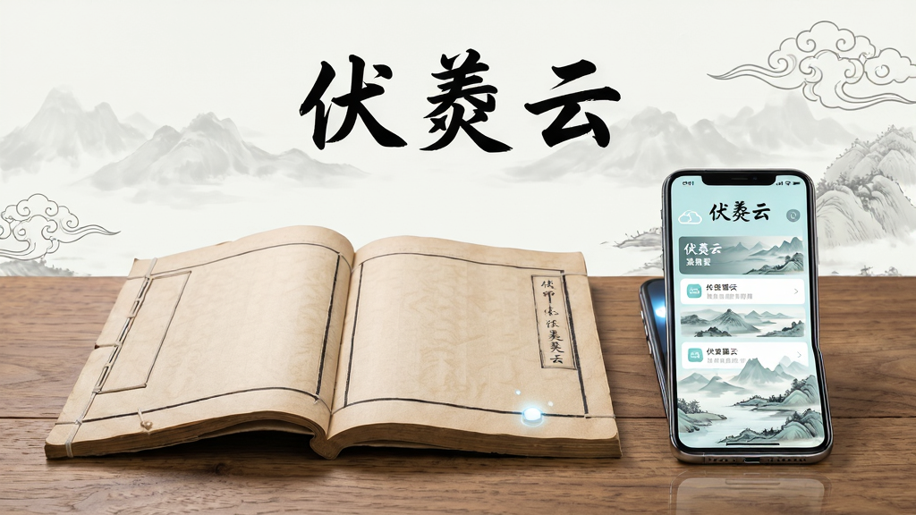 画面主体为一本展开的古朴线装书与一部现代智能手机并排放置在木质书桌上,手机屏幕显示“伏羲云”应用界面,界面中有课程列表和山水背景;布局采用居中对称构图,书本居左手机居右,背景为淡雅的水墨远山与云纹;排版简洁,上方留白处用毛笔字体写“伏羲云”三字;风格融合国风水墨与现代UI展示,细节包含书页纹理、手机高光反射、桌面木纹质感;画质清晰干净,无多余装饰元素,整体色调以米白、墨黑、淡青为主