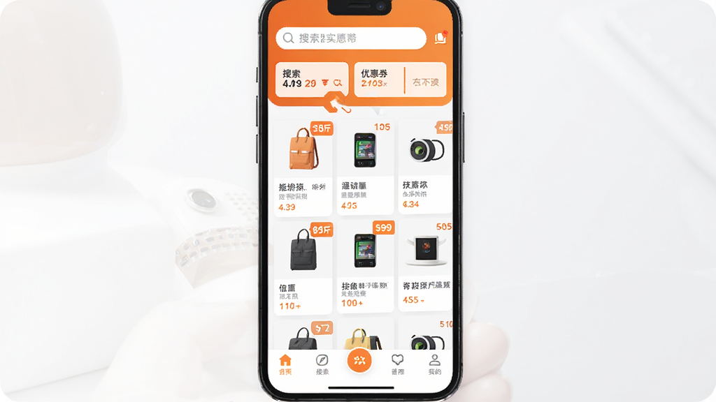 手机屏幕中央展示购物实惠多多省应用主界面,上方为搜索框与优惠券入口,中部排列商品卡片与折扣标签,底部导航栏清晰,整体采用橙白配色,扁平化UI风格,画面干净整洁,细节精致,高清画质,无多余元素