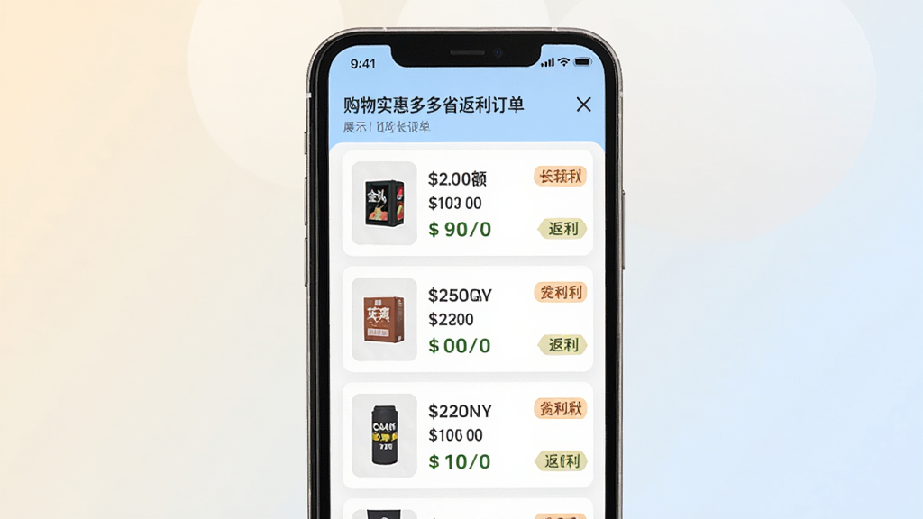 购物实惠多多省返利订单页面展示,手机屏幕中呈现订单列表,每条订单带有商品缩略图、金额与返利状态标签,背景为浅色渐变,界面排版规整,扁平设计风格,细节清晰,高清画质,无杂乱元素