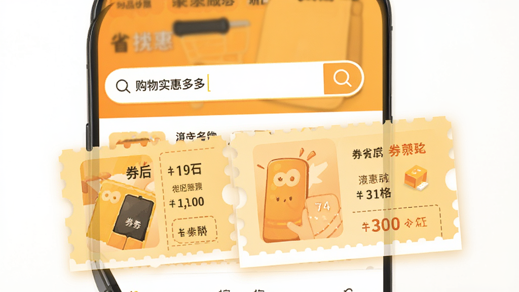 购物实惠多多省优惠券搜索界面展示,画面中一部手机屏幕显示搜索框输入商品名称,下方弹出多张优惠券卡片与券后价格对比,橙黄色调,扁平插画风格,布局清晰,细节丰富,高清画质,画面干净