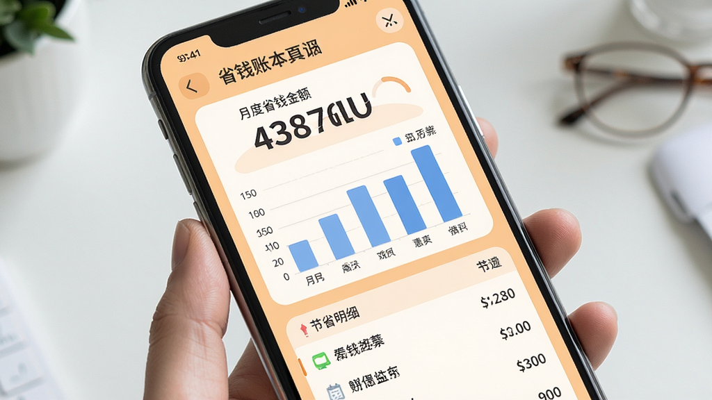 购物实惠多多省钱账本统计页面,手机屏幕显示月度省钱金额数字与柱状图,下方列出节省明细条目,浅橙色背景,数据可视化风格,布局简洁,细节清晰,高清画质,无多余装饰