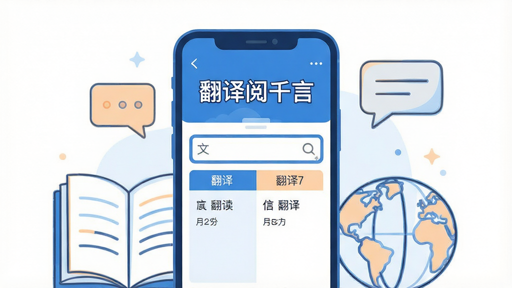 画面中央放置一部竖屏智能手机,手机屏幕上显示一款翻译阅读类应用的主界面,界面上方有“翻译阅千言”文字标识,下方为文本输入框与翻译结果对照区域,手机周围以简洁的线条勾勒出书本、对话气泡与地球轮廓作为装饰元素,整体采用扁平化插画风格,配色以蓝白为主辅以浅橙点缀,背景干净留白,画质清晰锐利,无多余杂乱元素