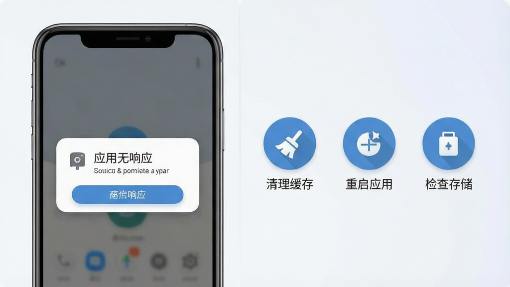 画面展示一部手机屏幕出现应用无响应的提示弹窗,旁边以分屏形式并列呈现“清理缓存”“重启应用”“检查存储”三个圆形图标按钮,图标下方配有简短文字标签,整体采用信息图风格,配色以蓝灰为主,背景为浅色渐变,布局清晰有序,画质干净利落,无多余装饰元素