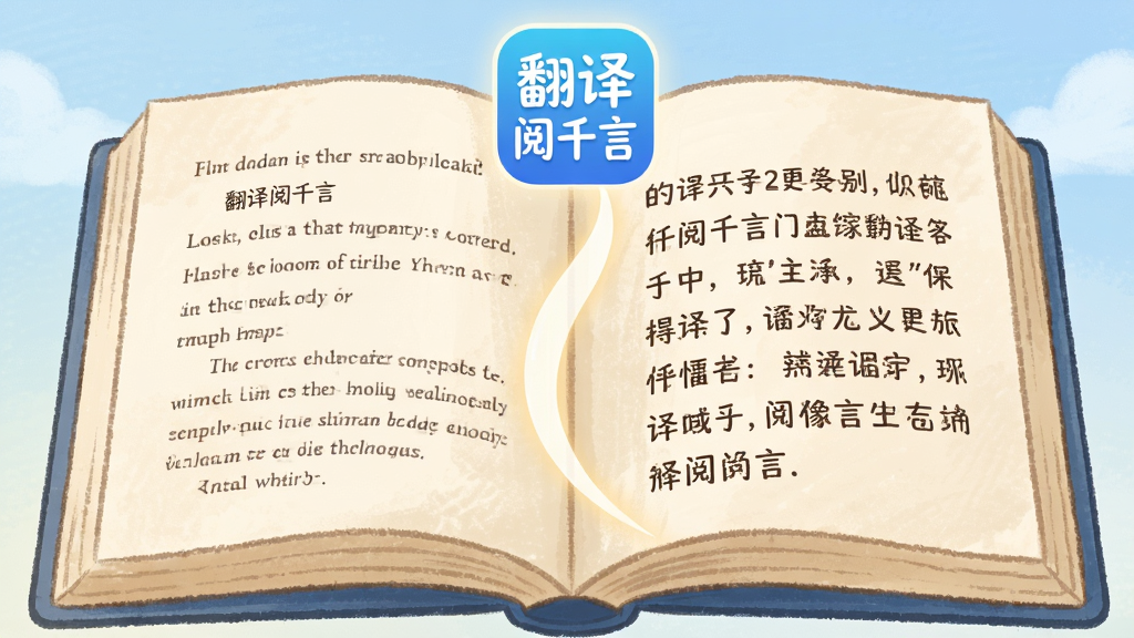 画面主体为一本摊开的书本,书页左侧为外文文字段落,右侧为对应的中文译文段落,两者之间以一条柔和的弧形光线连接,书页上方悬浮“翻译阅千言”应用图标,整体采用温暖的手绘插画风格,色调以米白与浅蓝为主,布局居中对称,细节处可见书页纹理与柔和阴影,画质细腻干净,画面中无其他干扰元素