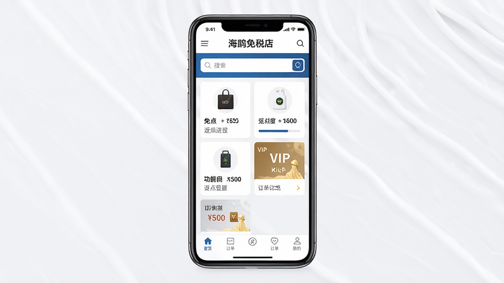 海鸥免税店APP主界面展示,手机屏幕居中放置,屏幕内呈现返点登记页面与订单列表,主体清晰,布局为上下分层结构,上方为品牌标识与搜索栏,中部为功能卡片网格,下方为底部导航栏,排版整齐对称,风格为现代扁平化移动应用界面,细节包含免税商品图标、返点进度条、VIP卡片元素,画质高清,干净,无多余元素