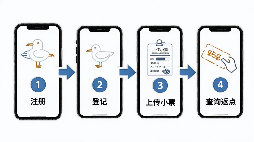 海鸥免税店新手操作流程图,画面为手机屏幕与步骤箭头组合,主体展示注册、登记、上传小票、查询返点四个环节,布局为从左至右横向排列四格流程图,排版每格上方图标下方文字说明,风格为简洁信息图设计,细节包含箭头连接、步骤编号、手机轮廓,画质高清,干净,无多余元素