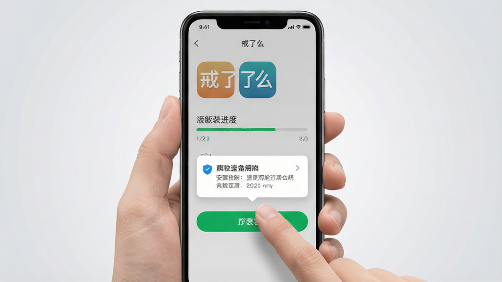 一张手机安装应用场景示意图,画面主体为手持手机点击安装按钮的特写,屏幕显示“戒了么”安装界面,布局为手部与手机居中,背景为柔和浅灰渐变,风格为写实生活化风格,细节包括安装进度条、权限提示弹窗与清晰的应用图标,画质高清,画面干净