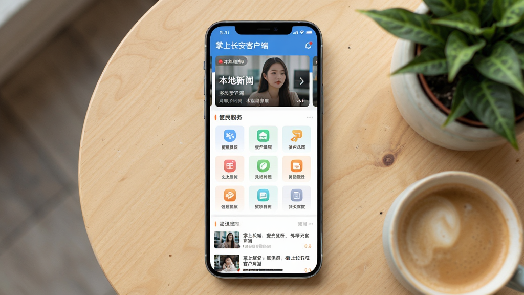 画面主体为一部竖屏智能手机,屏幕中显示掌上长宁客户端首页界面,上方为本地新闻轮播图,中部为便民服务图标网格,下方为资讯列表,手机放置在浅木色桌面上,旁边搭配一杯咖啡与绿植,整体布局居中对称,风格清新写实,细节表现屏幕反光与图标质感,画质清晰干净,无多余元素