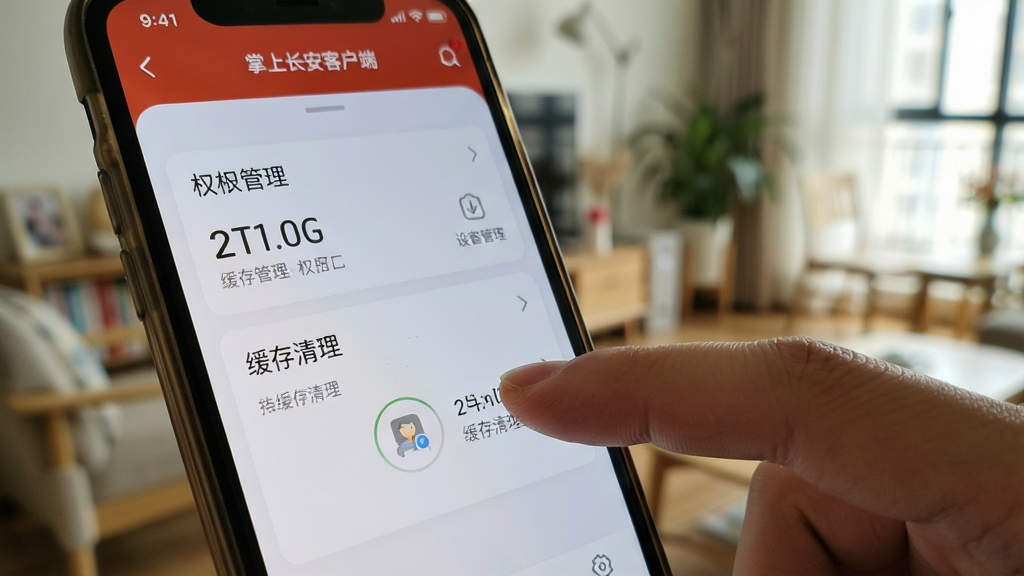 画面主体为掌上长宁客户端设置页面特写,手机屏幕中显示权限管理与缓存清理选项,手指轻触屏幕,背景为虚化的室内环境,布局聚焦屏幕区域,风格真实生活化,细节表现手指与屏幕交互,画质清晰,干净无多余元素