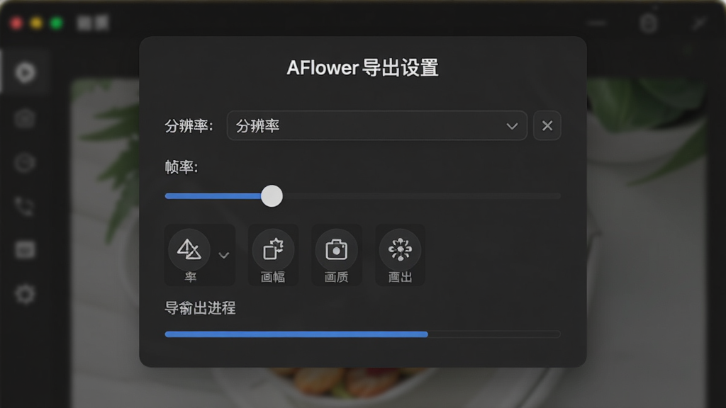 主体为AFlower导出设置界面,布局采用居中弹窗式参数选择面板,排版上
